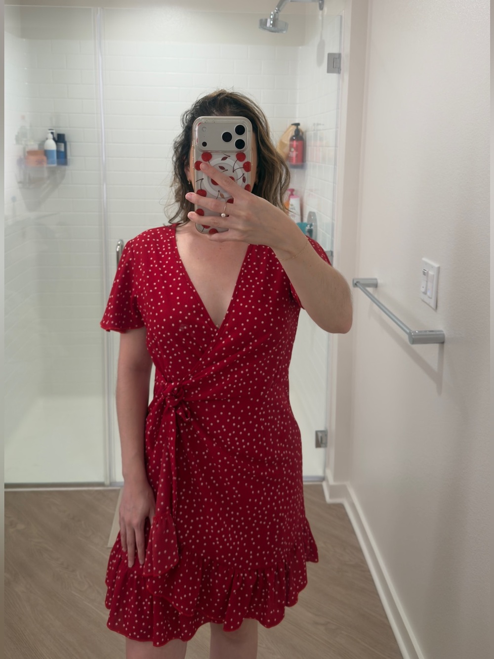 Women’s Red Polka Dot Wrap Dress with Ruffle Hem